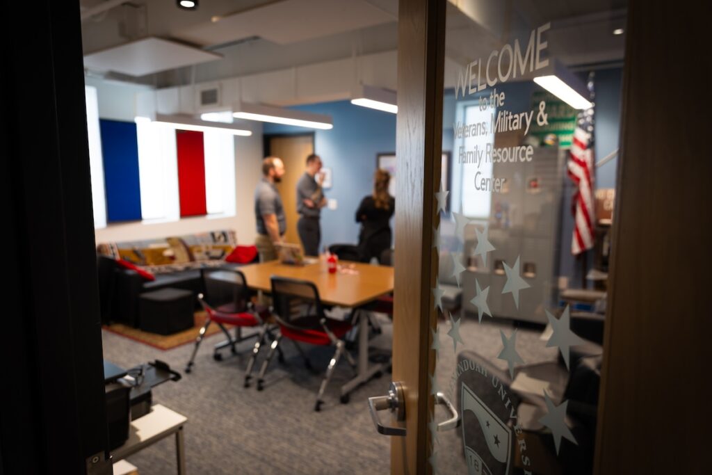 Shenandoah University Named A 2026-27 Military Friendly® School A view from the doorway of Shenandoah University's Veterans, Military and Families Center.