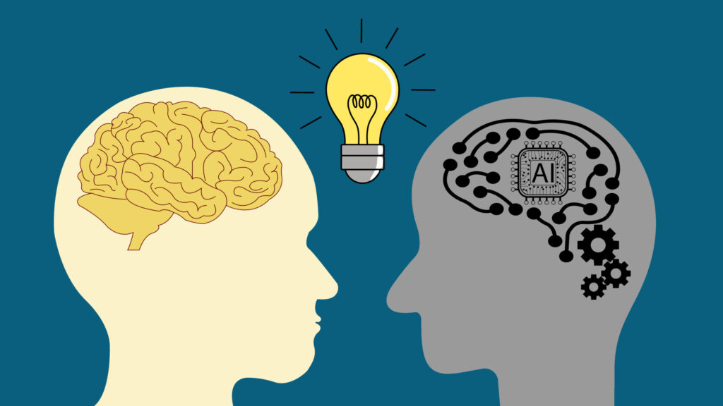 thinking and idea concept with robot and human head, artificial Intelligence (AI) concept.