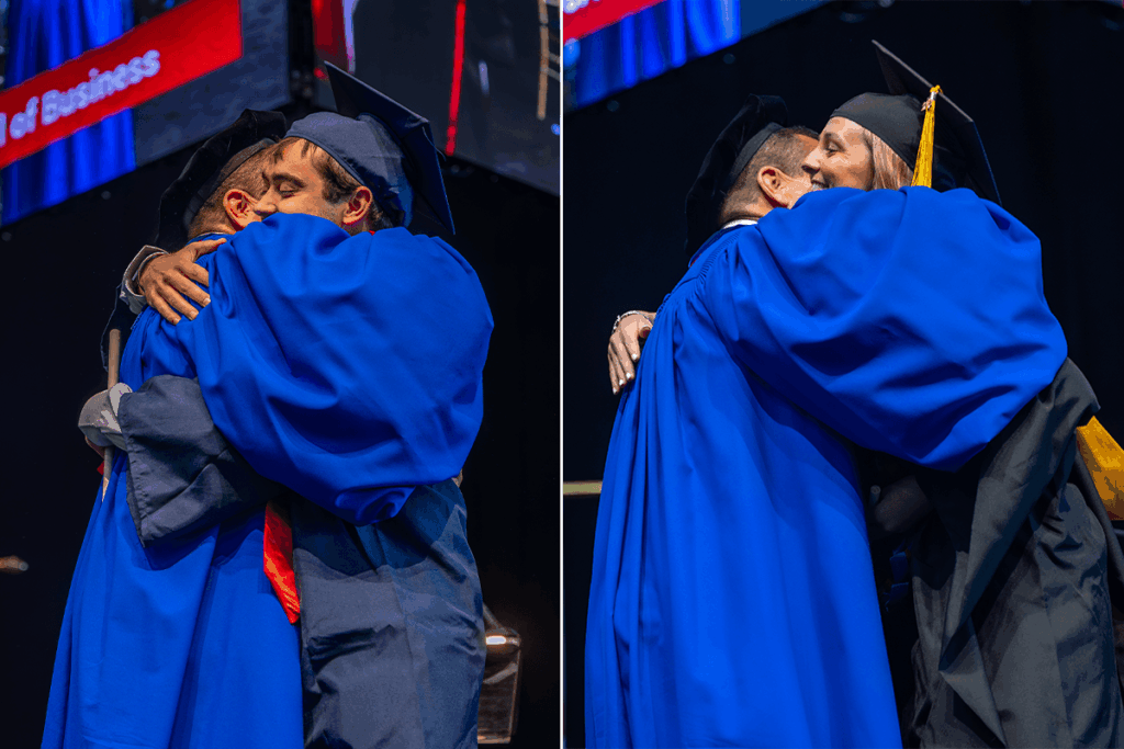 Combined photos of two graduates hugging their father/stepfather on stage.